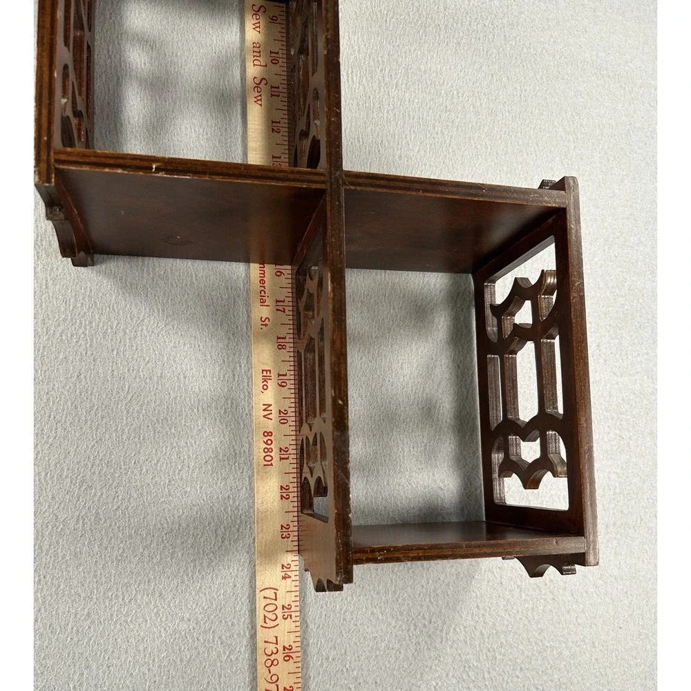 VTG Mahogany? Wood 3 Tier Wall Shelf Carved Fretwork 24